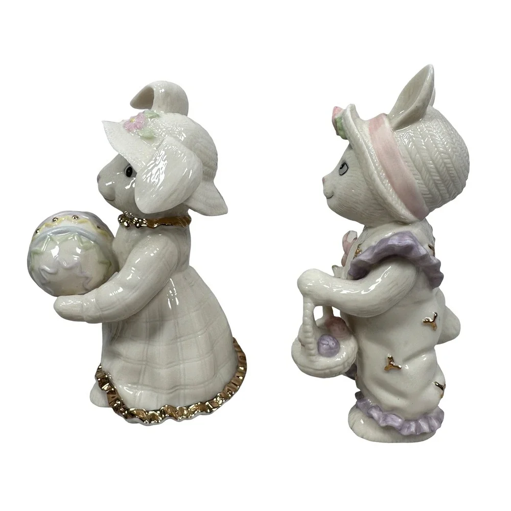Lenox Limited Edition 2004 2005 Easter Stroll Bunny Figurine Set 2 Porcelain